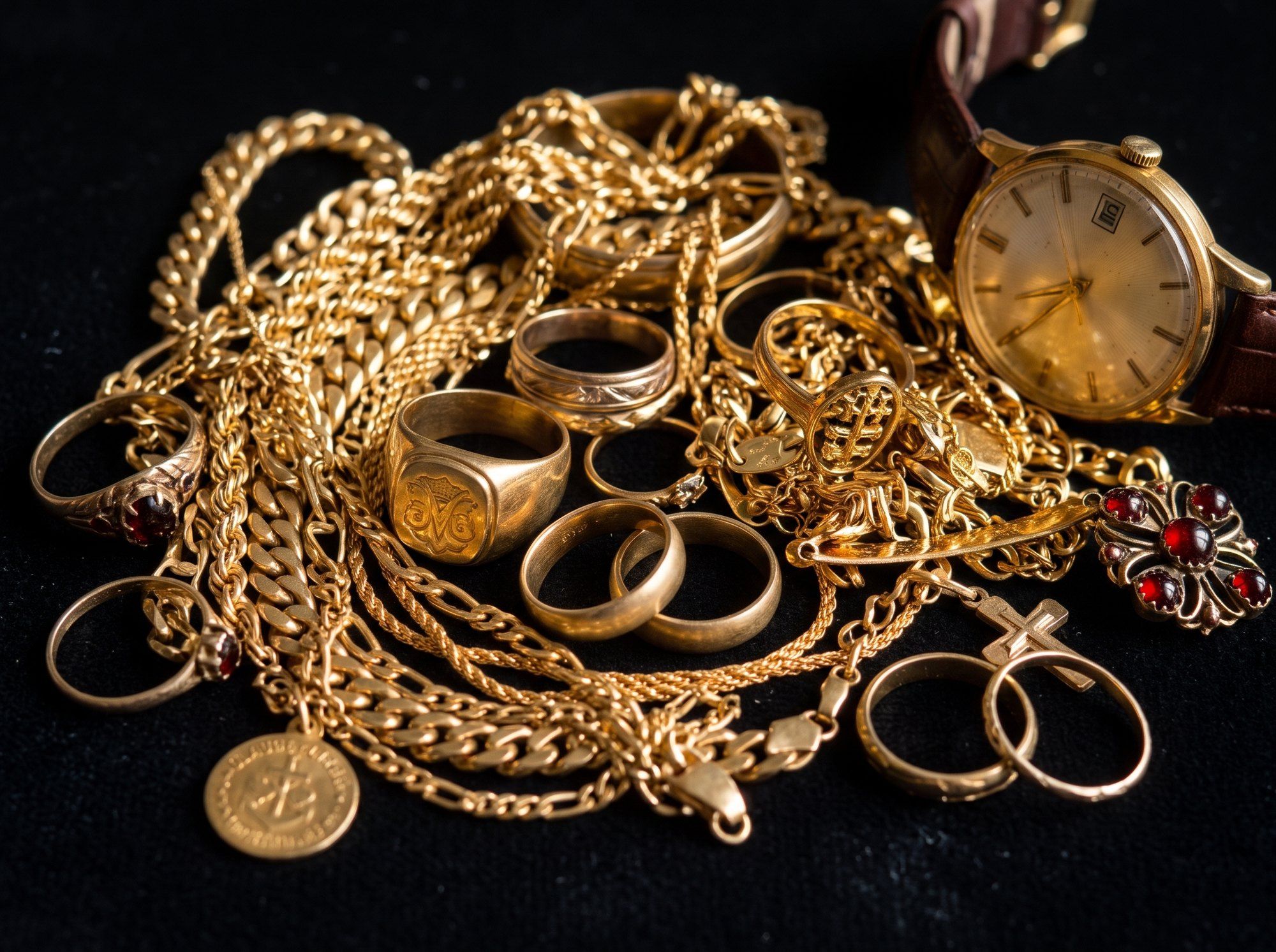 Goldketten, Ringe, eine Granatbrosche und eine goldene Armbanduhr auf schwarzem Samt